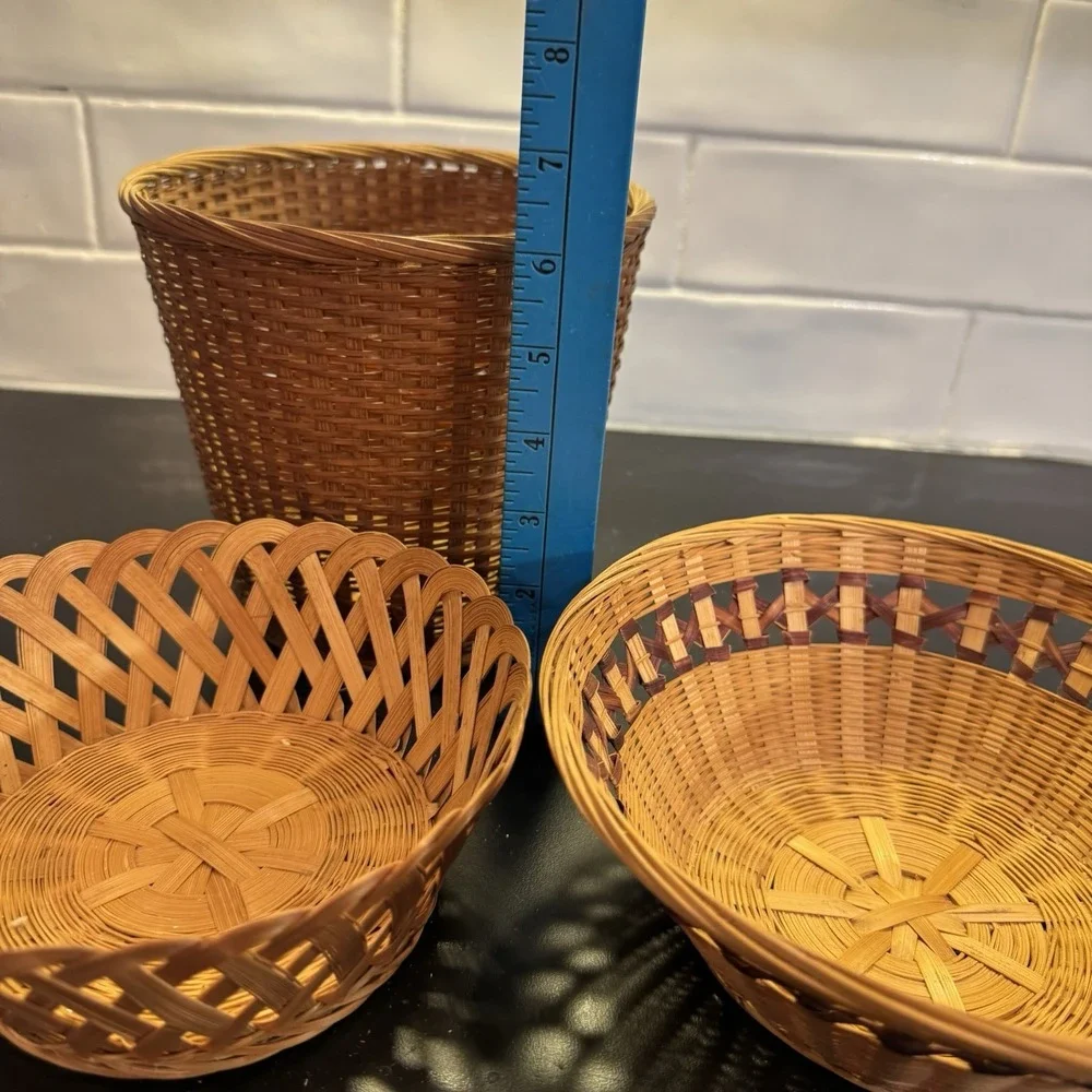 Three Vintage  Bamboo And Rattan Baskets Cottage Core Farmhouse Decor‎